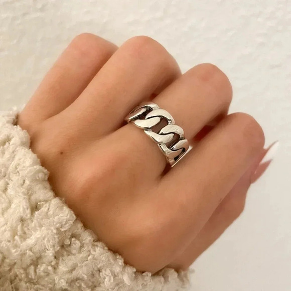 925 Sterling Silver Chunky Chain Link Ring Minimalist Curb Chain Ring - Picture 3 of 11